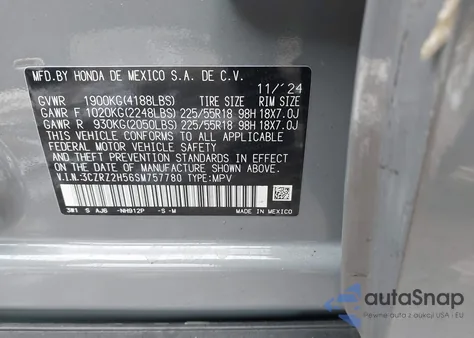 2025 Honda Hr-V Awd Sport from USA, damaged, VIN 3CZRZ2H56SM757780